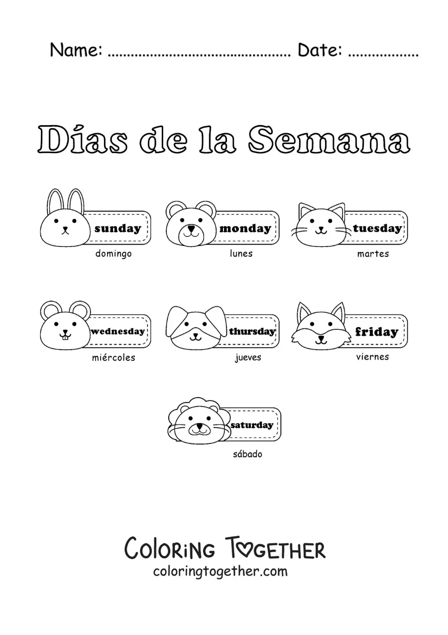 Coloring page of cards with the days of the week in English and Spanish