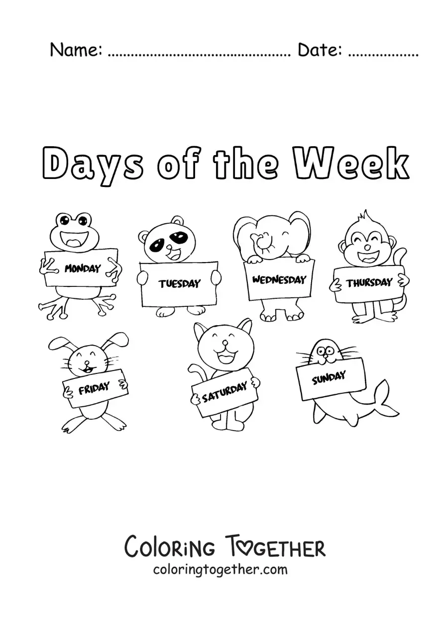 Coloring page of cartoon animals with the days of the week in English