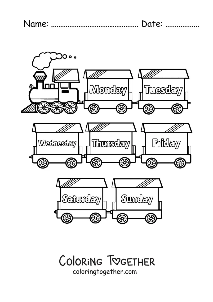 Coloring page of a train with the days of the week in English