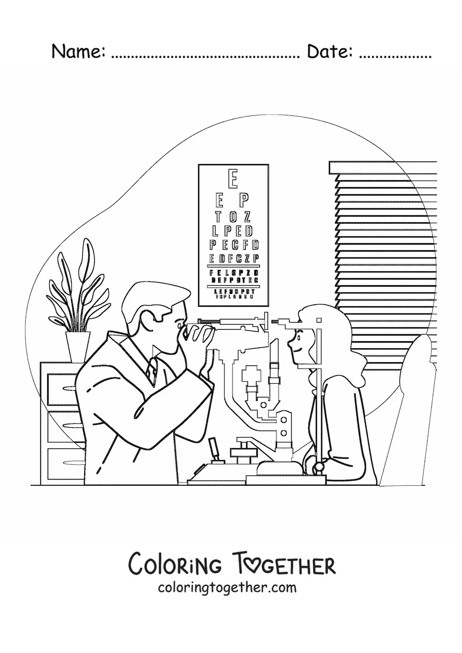 Coloring page of an ophthalmologist examining a patient