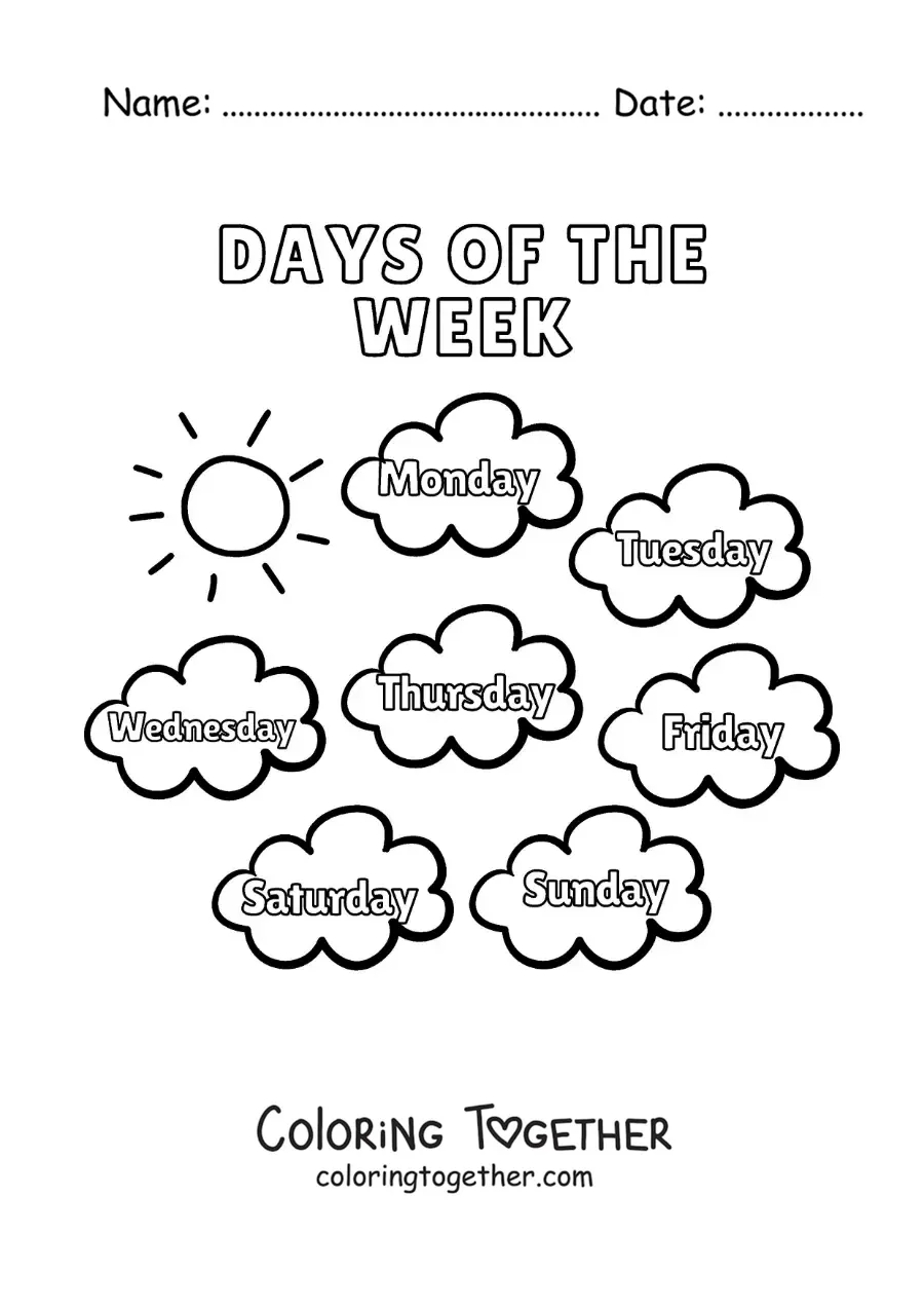 Coloring page of clouds with the days of the week in English