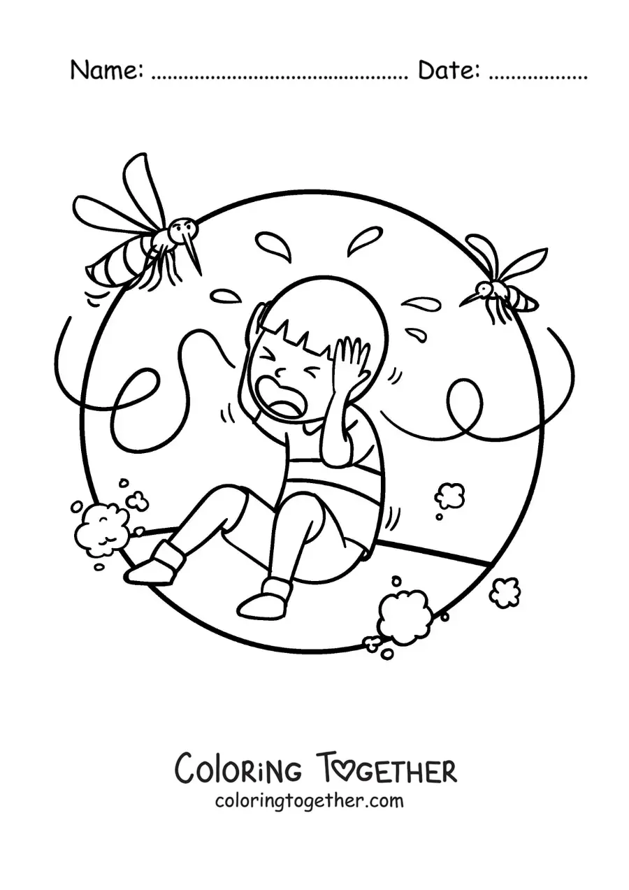Coloring page of a mosquito biting a boy
