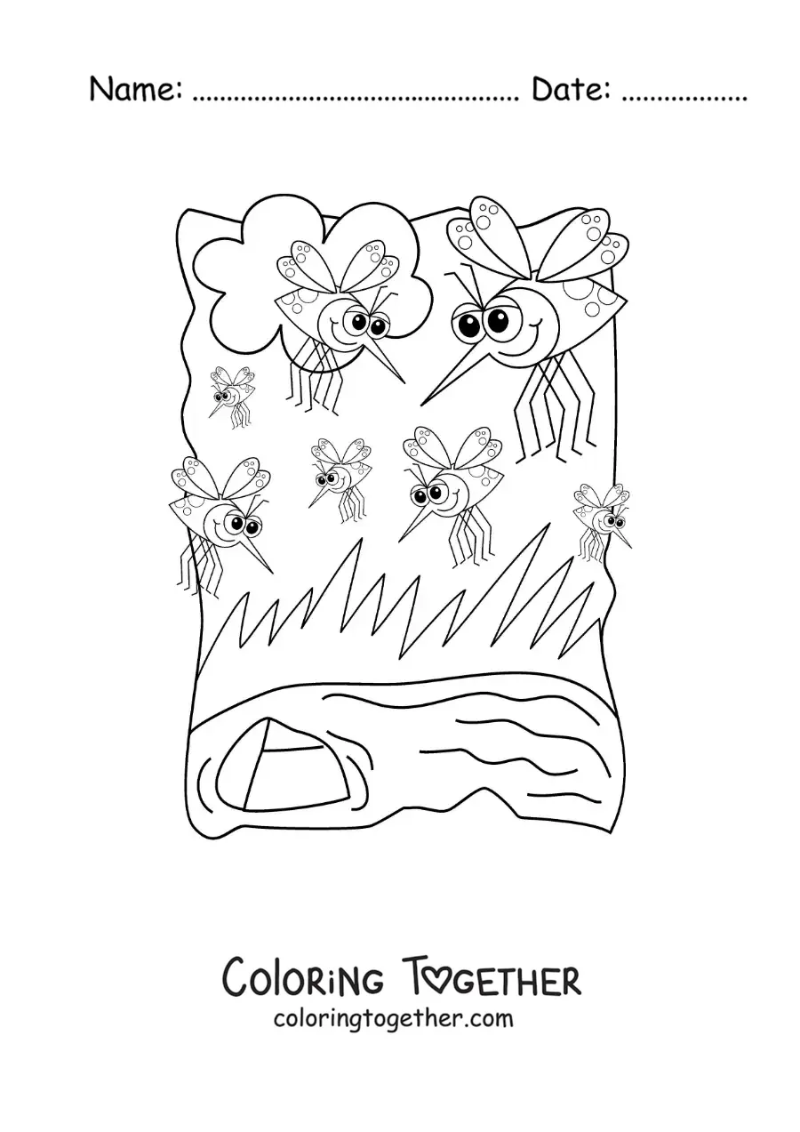 Coloring page of cartoon mosquitoes near a body of water