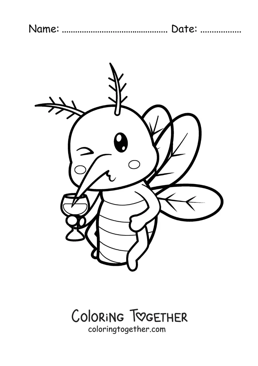 Coloring page of a cartoon mosquito drinking blood from a glass
