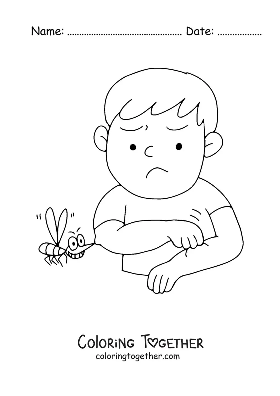 Coloring page of a mosquito biting a boy