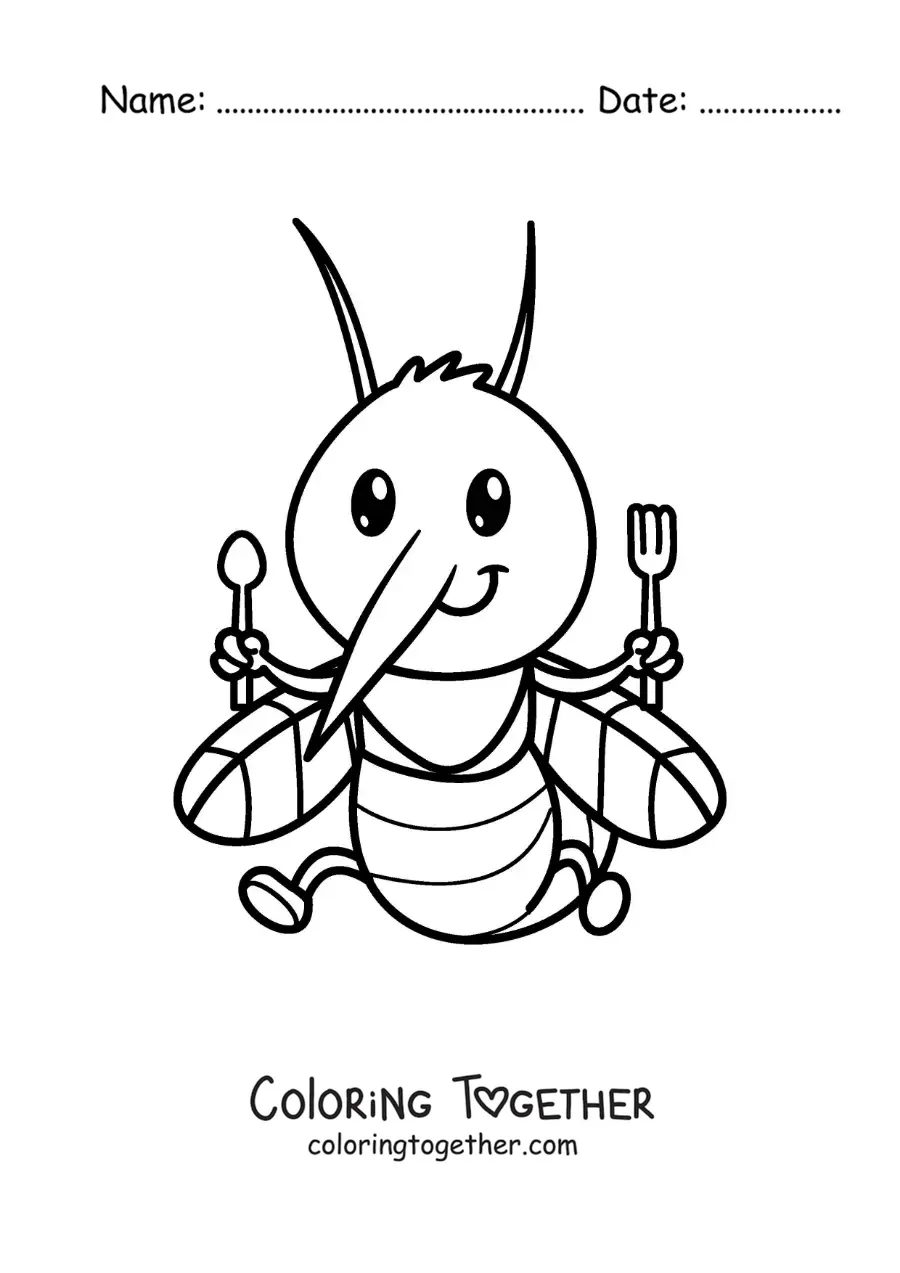 Coloring page of a cartoon mosquito with cutlery