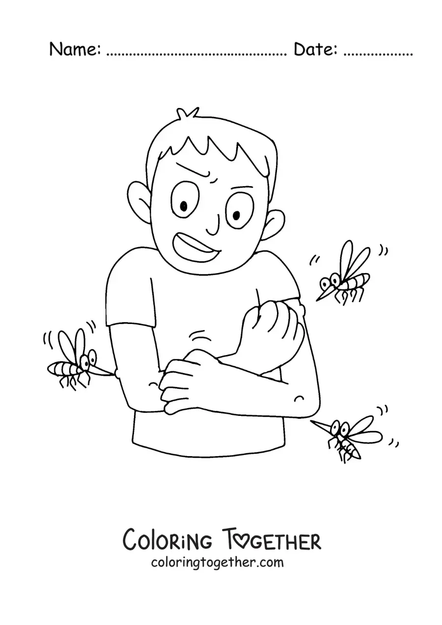 Coloring page of a dengue mosquito biting a boy