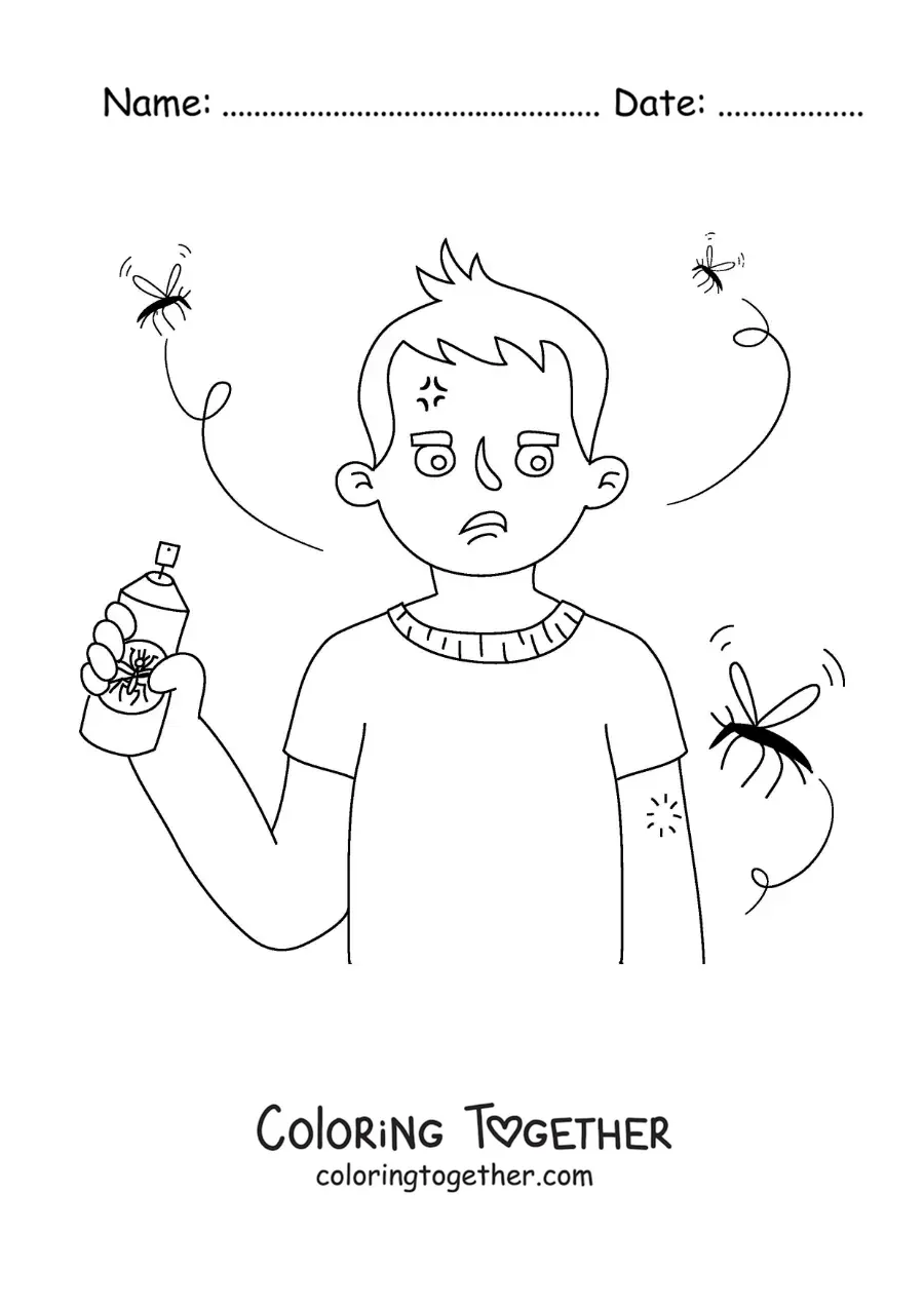 Coloring page of a boy with mosquito repellent