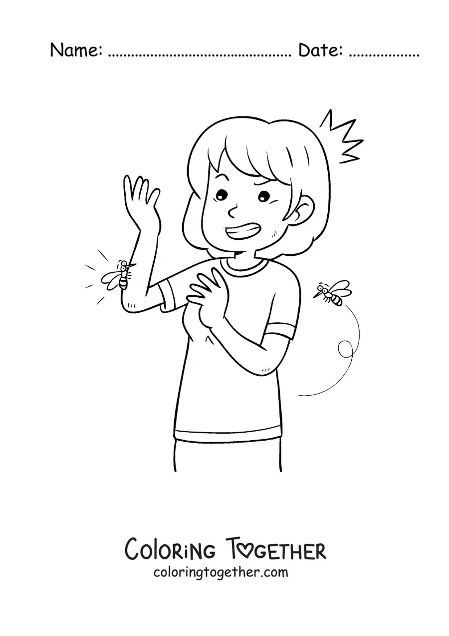 Coloring page of a mosquito biting a girl