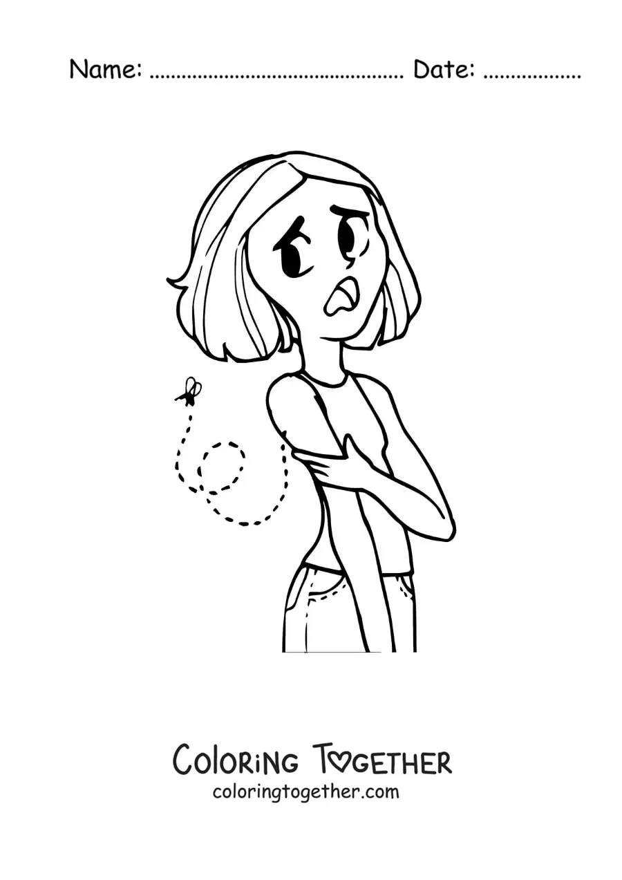 Coloring page of a girl with a mosquito bite