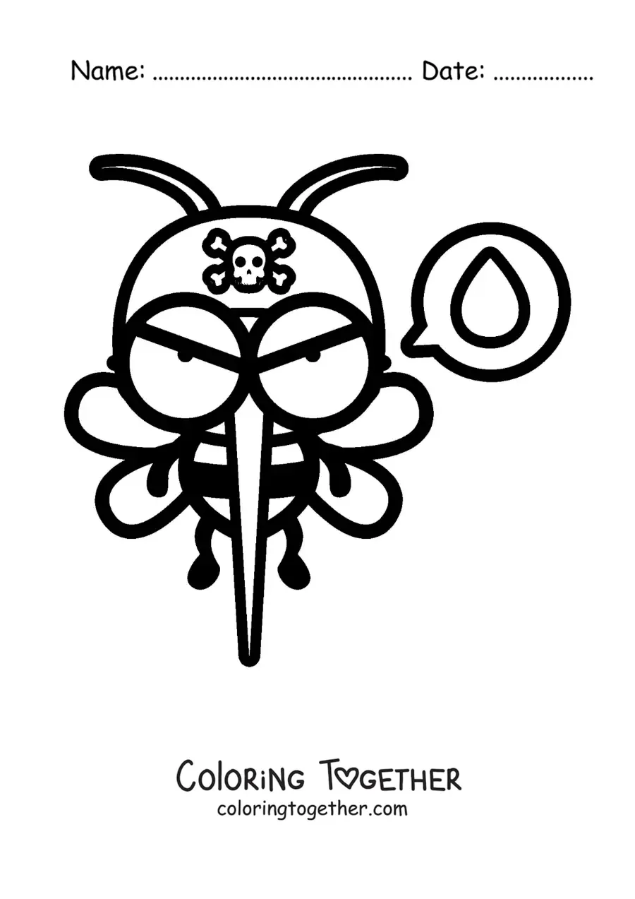Coloring page of a cartoon mosquito thirsty for blood