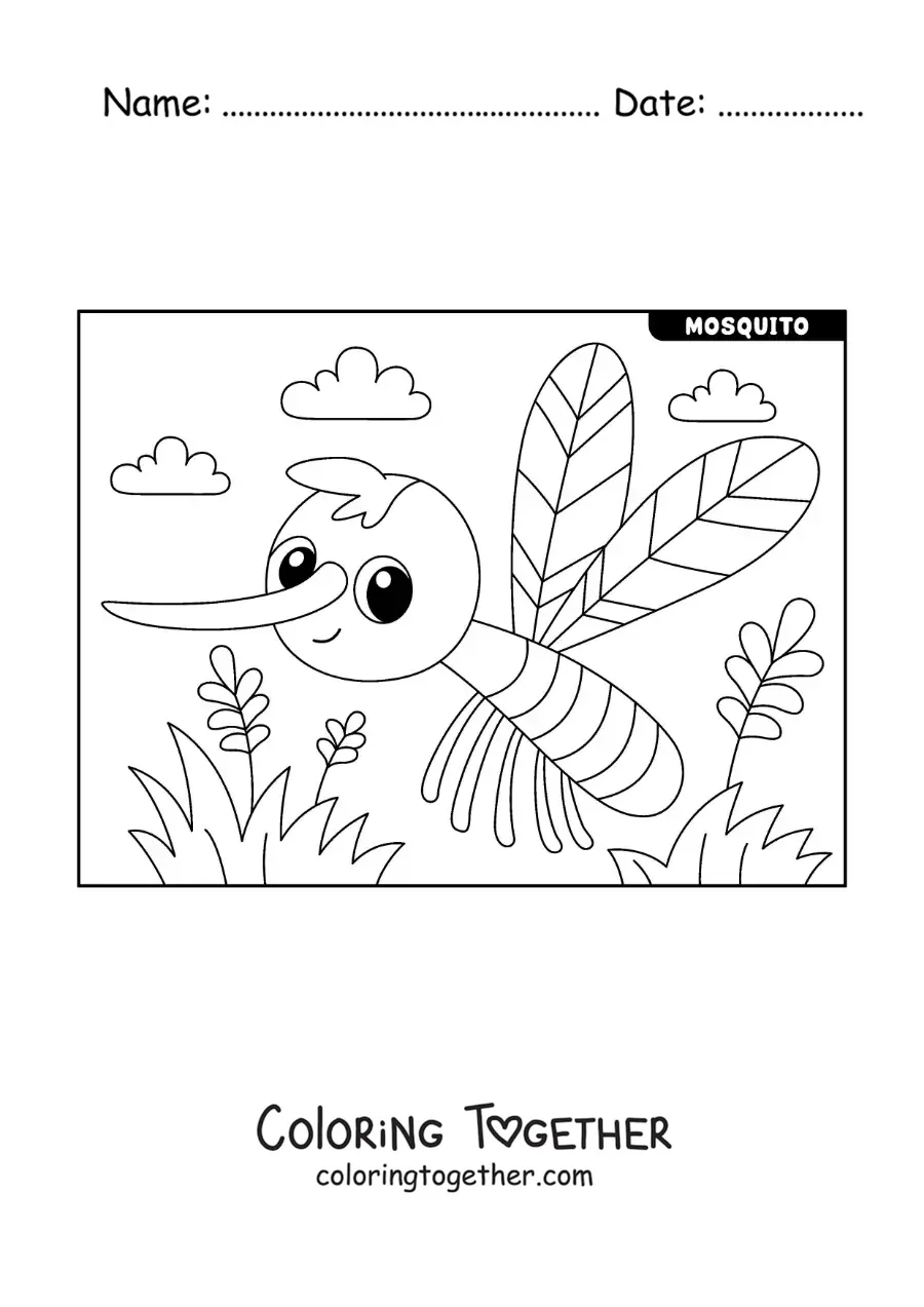 Coloring page of a cartoon Aedes aegypti mosquito with flowers