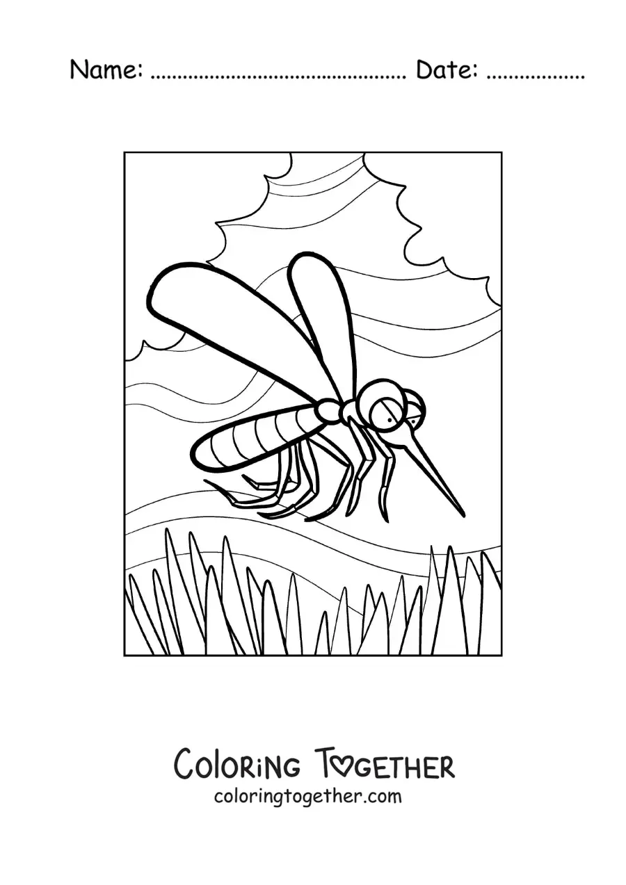 Coloring page of an evil cartoon mosquito flying