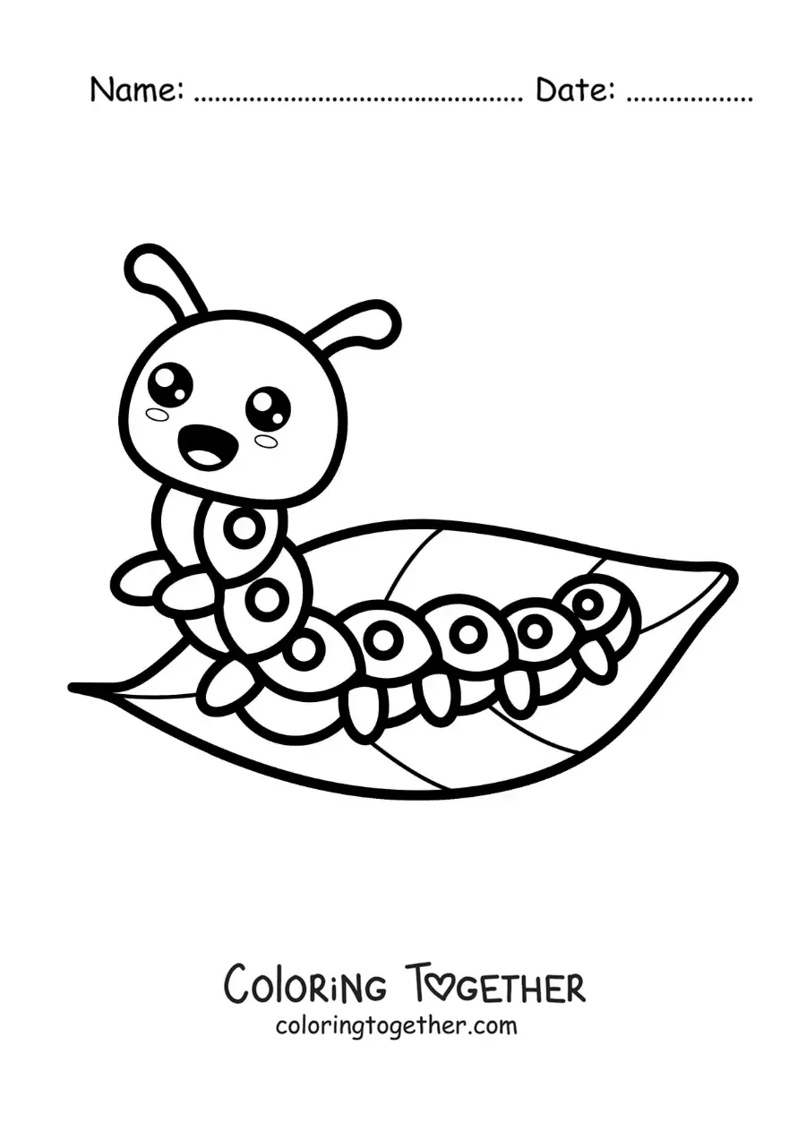 Coloring page of a kawaii caterpillar on a leaf