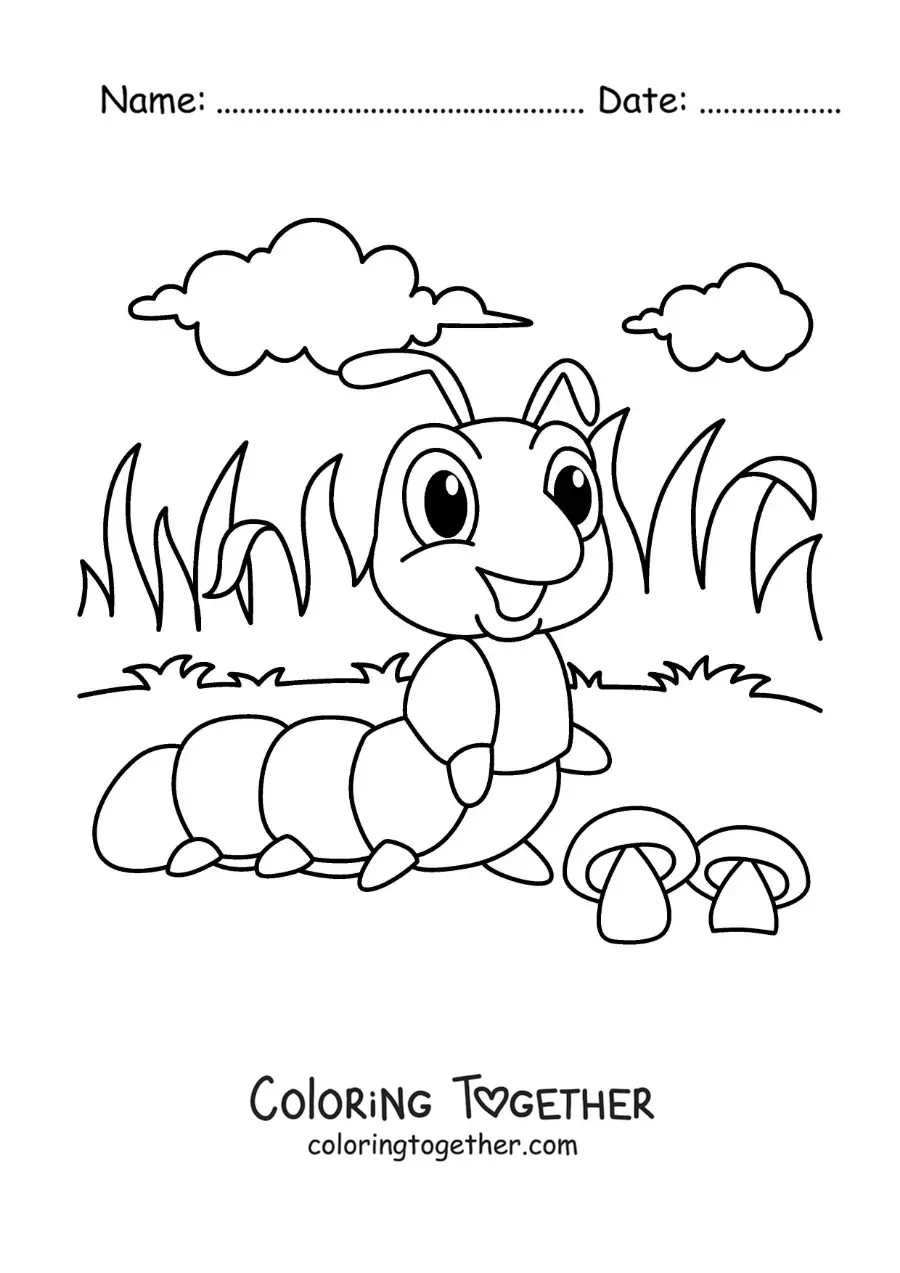 Coloring page of a cartoon caterpillar in the garden