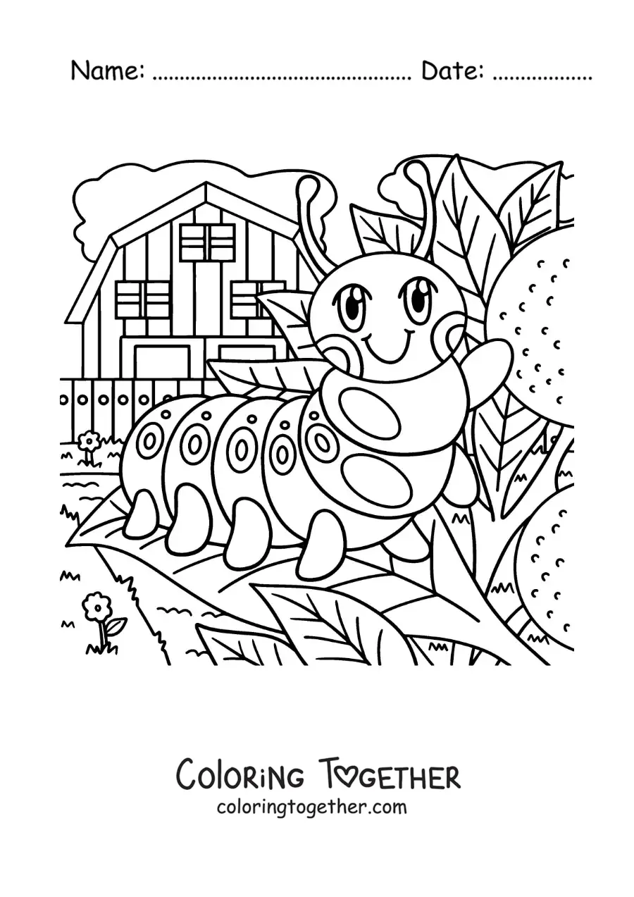 Coloring page of a cartoon caterpillar on a leaf