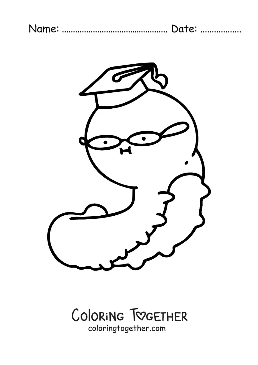 Coloring page of a cartoon caterpillar with a graduation cap
