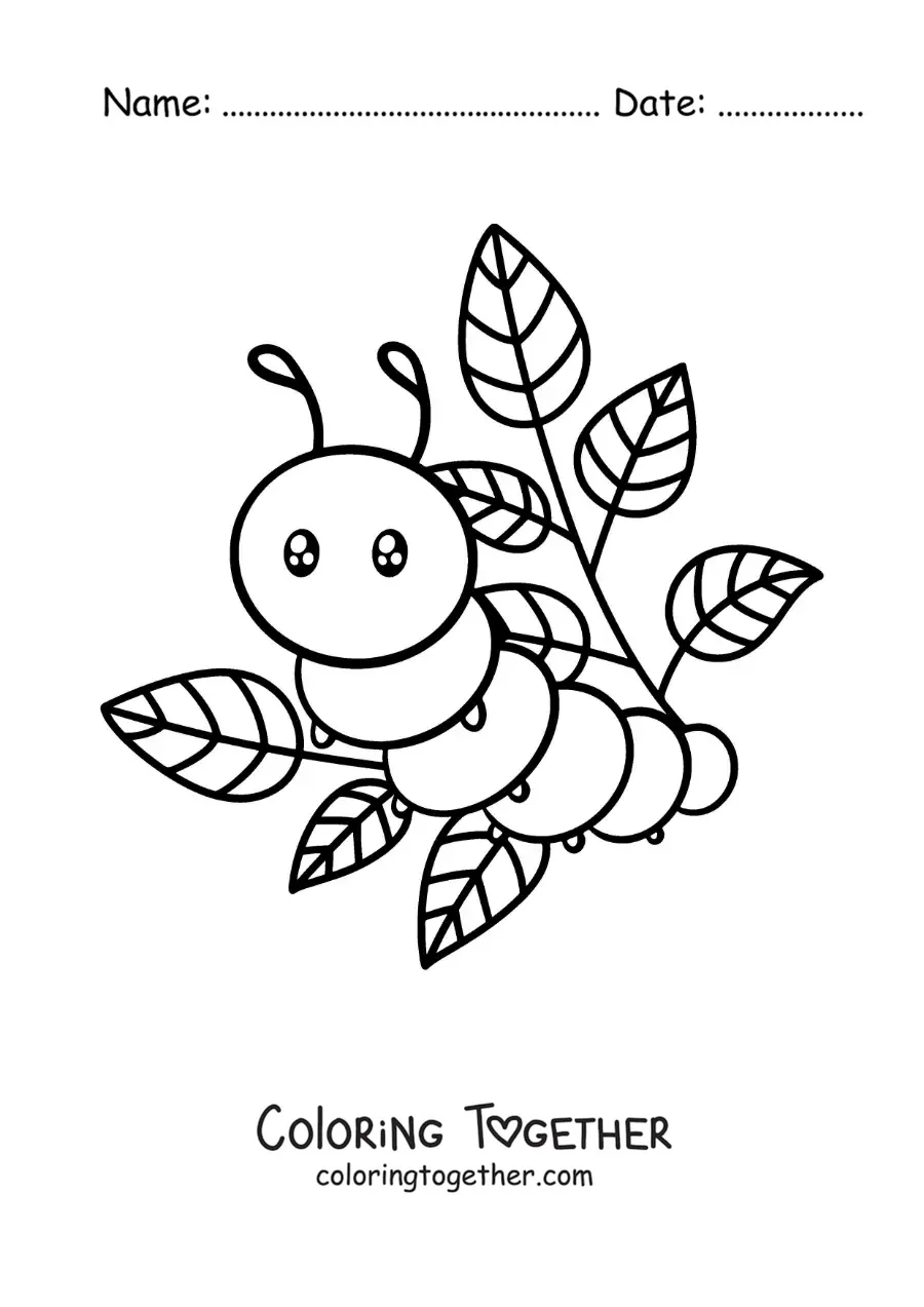 Coloring page of a kawaii caterpillar with leaves