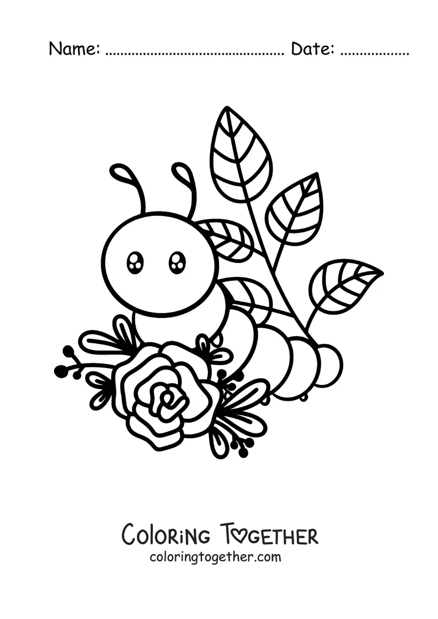 Coloring page of a kawaii caterpillar with leaves and flowers