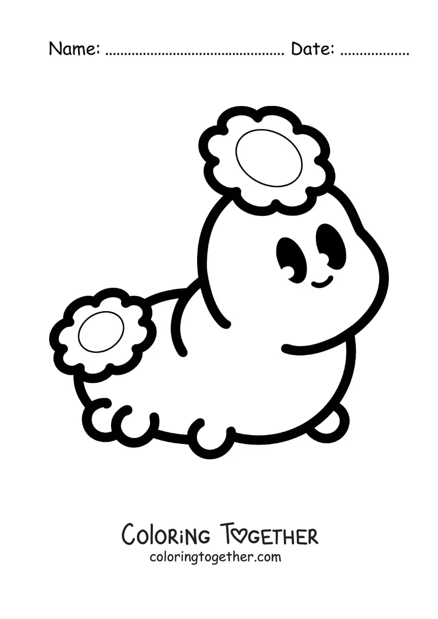 Coloring page of a cute kawaii caterpillar with flowers