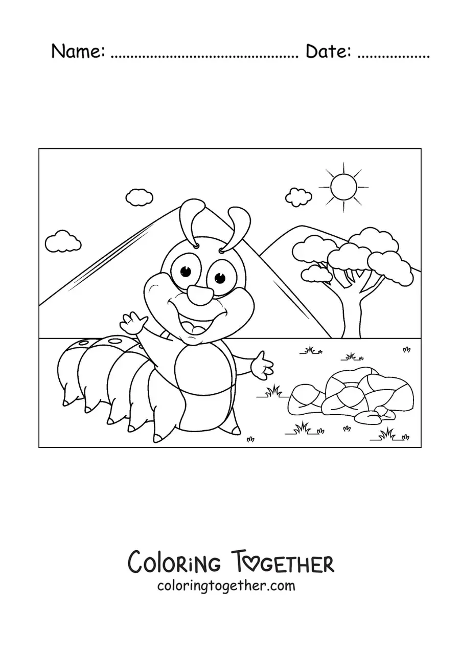 Coloring page of a smiling cartoon caterpillar in the field