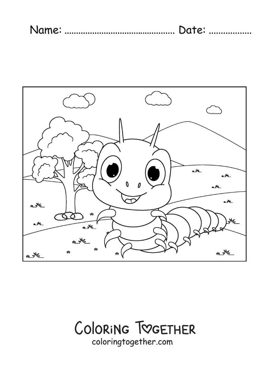 Coloring page of a happy cartoon caterpillar in the park
