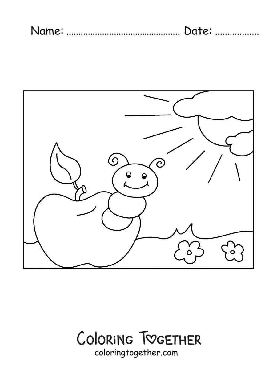 Coloring page of a cartoon caterpillar on an apple