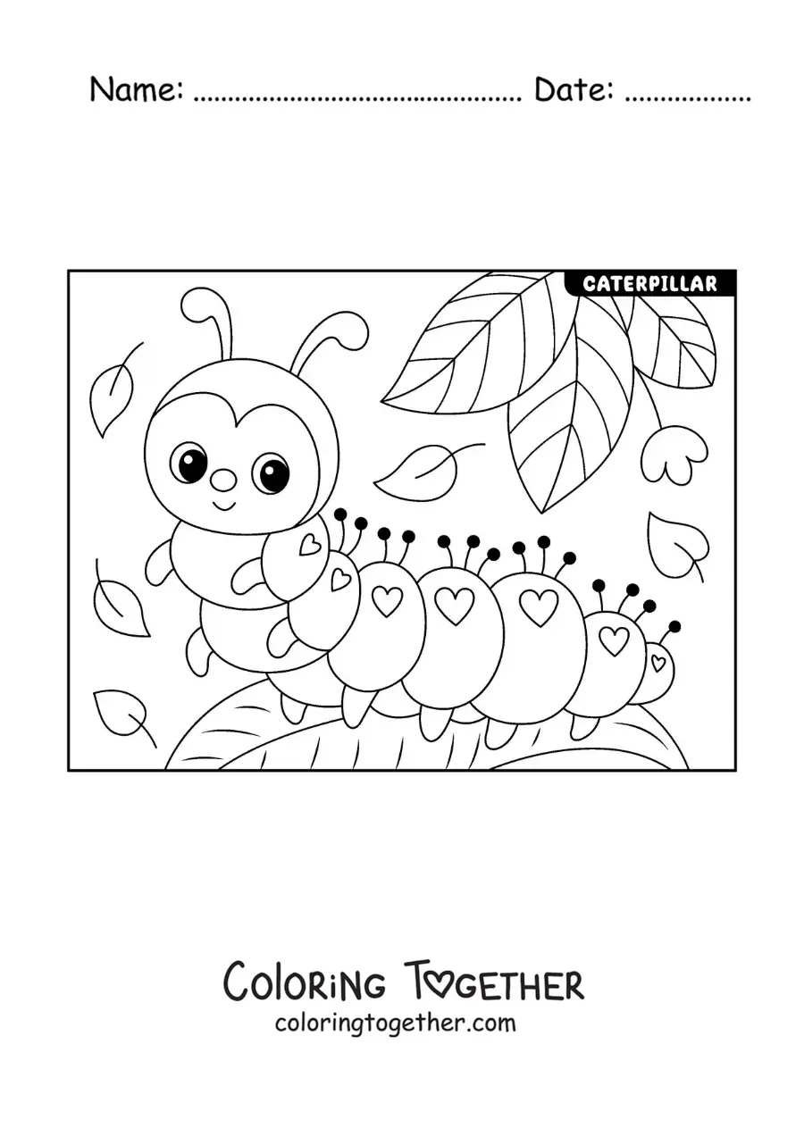 Coloring page of a cute cartoon caterpillar on a leaf