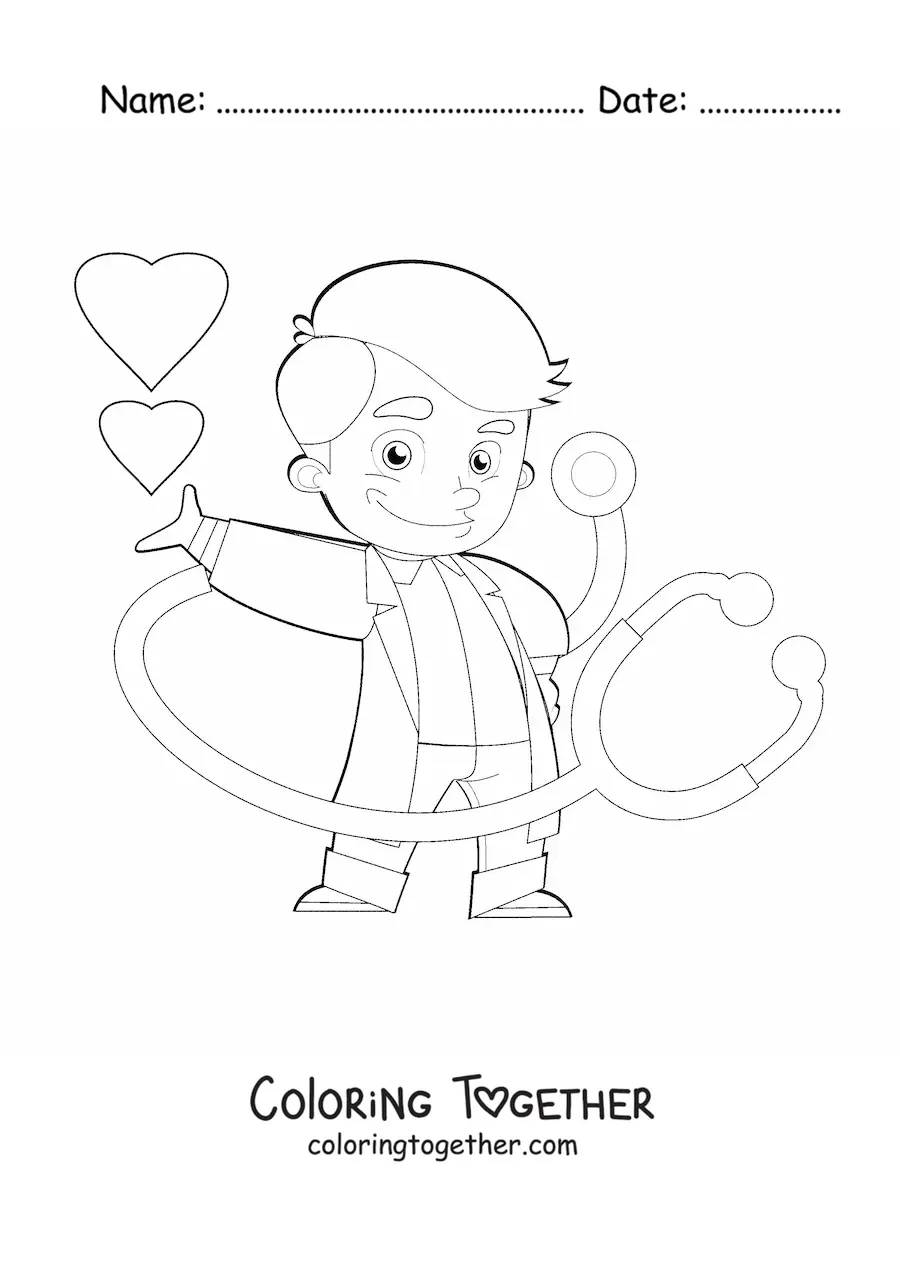 Coloring page of a cartoon doctor with a stethoscope surrounded by hearts