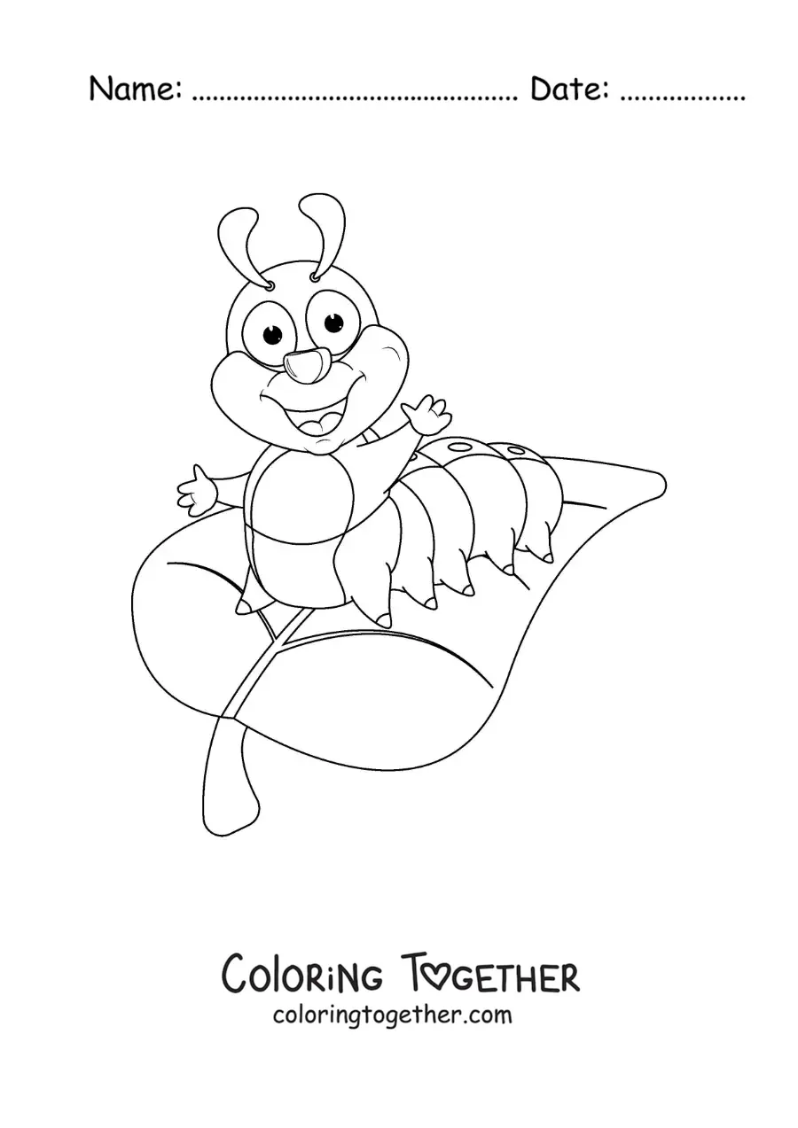 Coloring page of a smiling caterpillar on a leaf in cartoon style