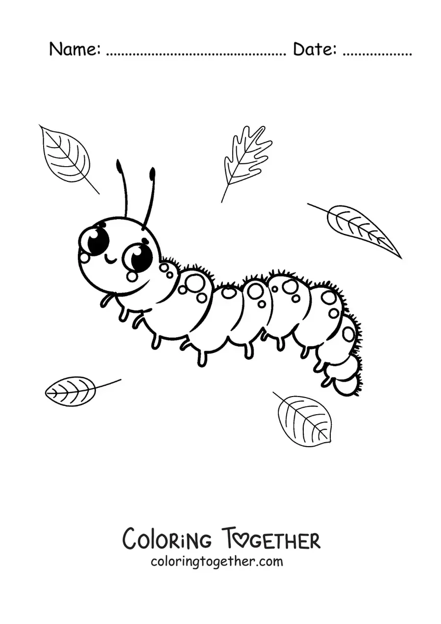 Coloring page of a cute caterpillar for kids with leaves