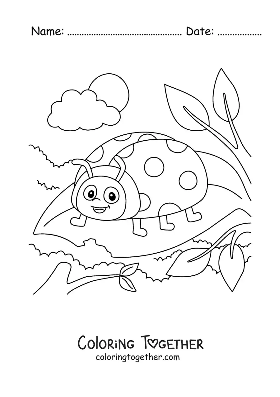 Coloring page of a cartoon ladybug eating a leaf