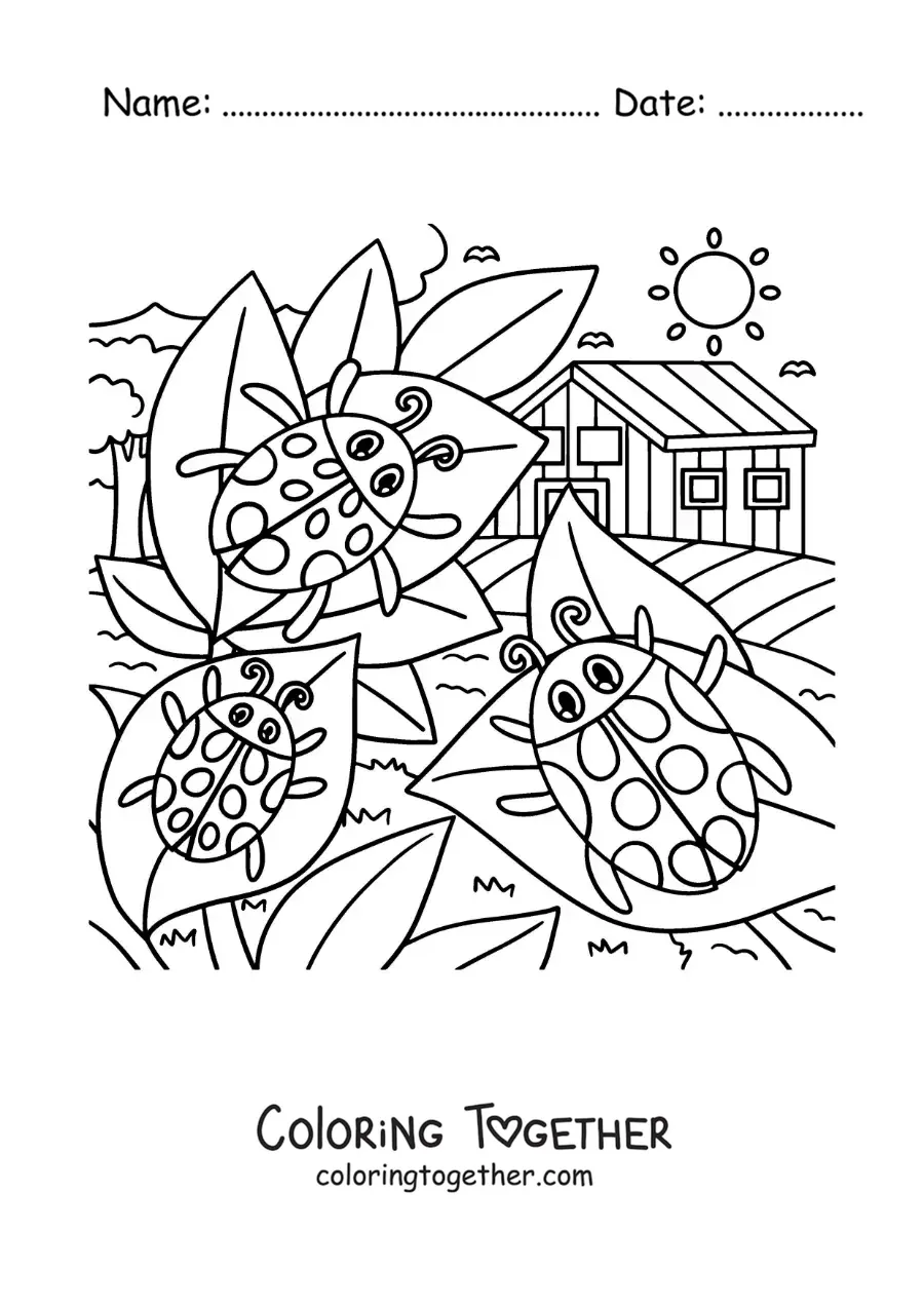 Coloring page of cartoon ladybugs in a garden