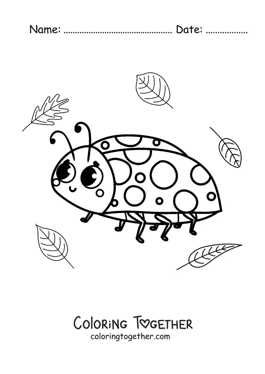 Coloring page of a kawaii ladybug with leaves