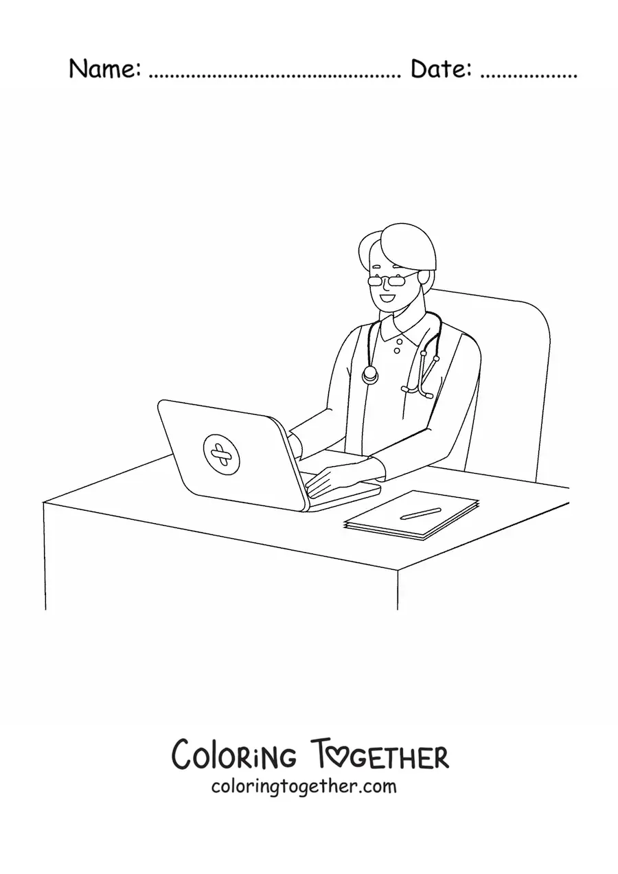 Coloring page of a doctor sitting at a desk in an office