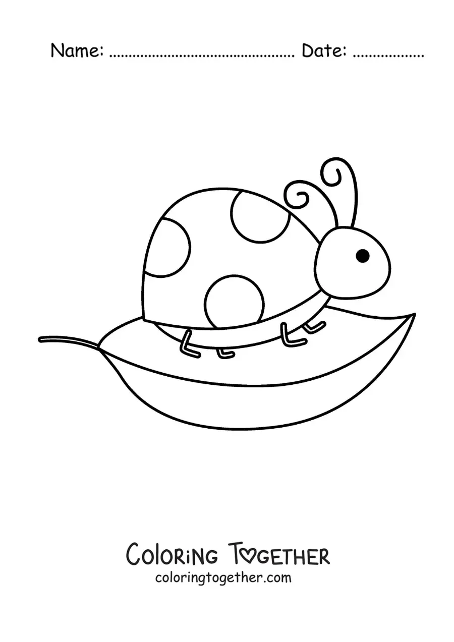 Coloring page of a cartoon ladybug on a leaf
