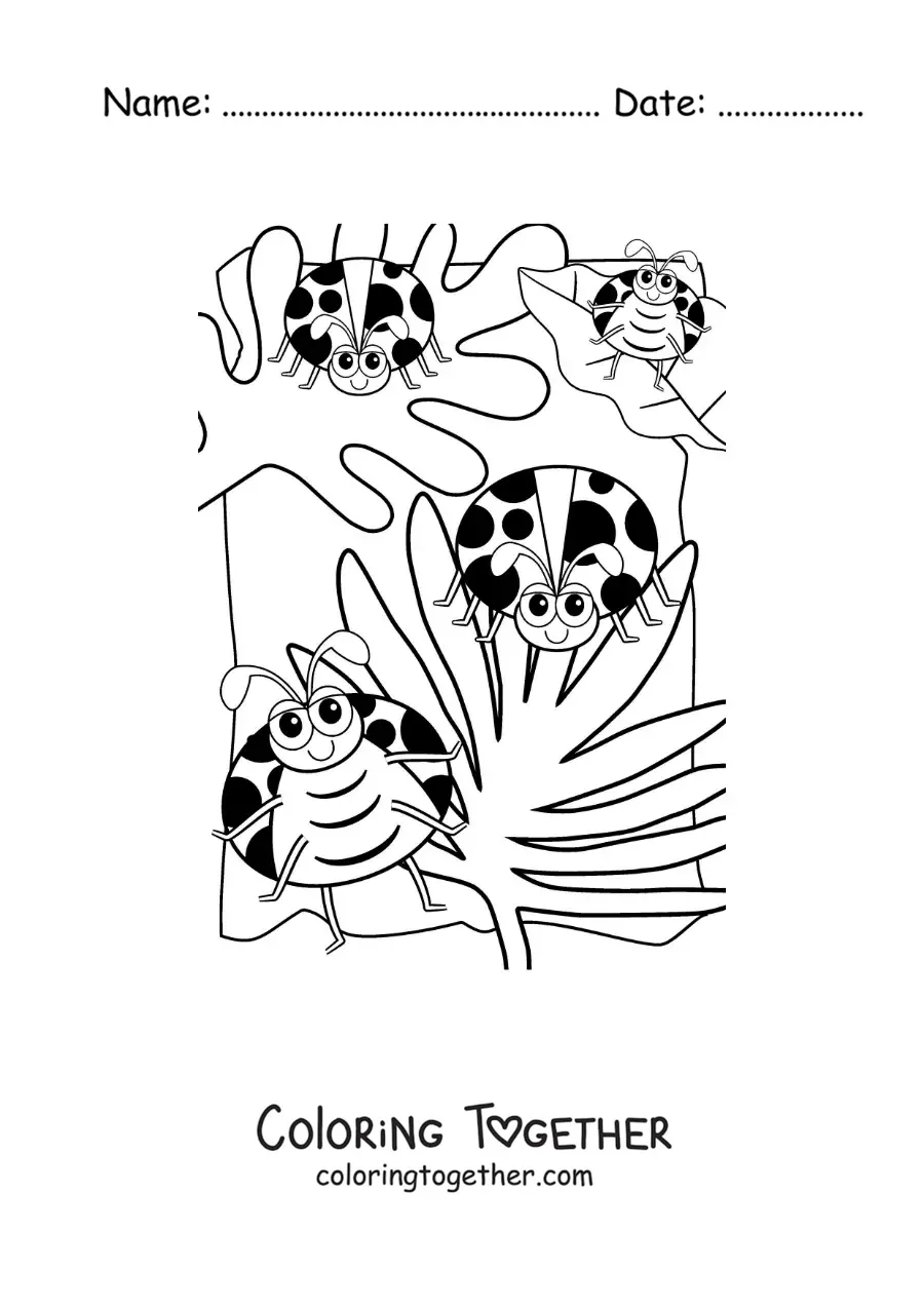 Coloring page of cartoon ladybugs in a garden