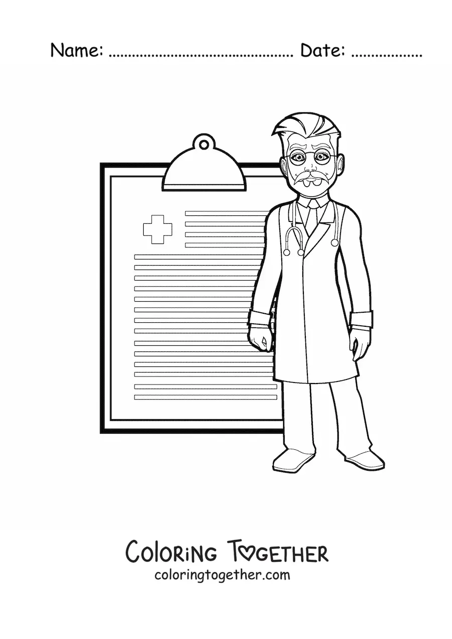 Coloring page of a doctor next to a medical prescription