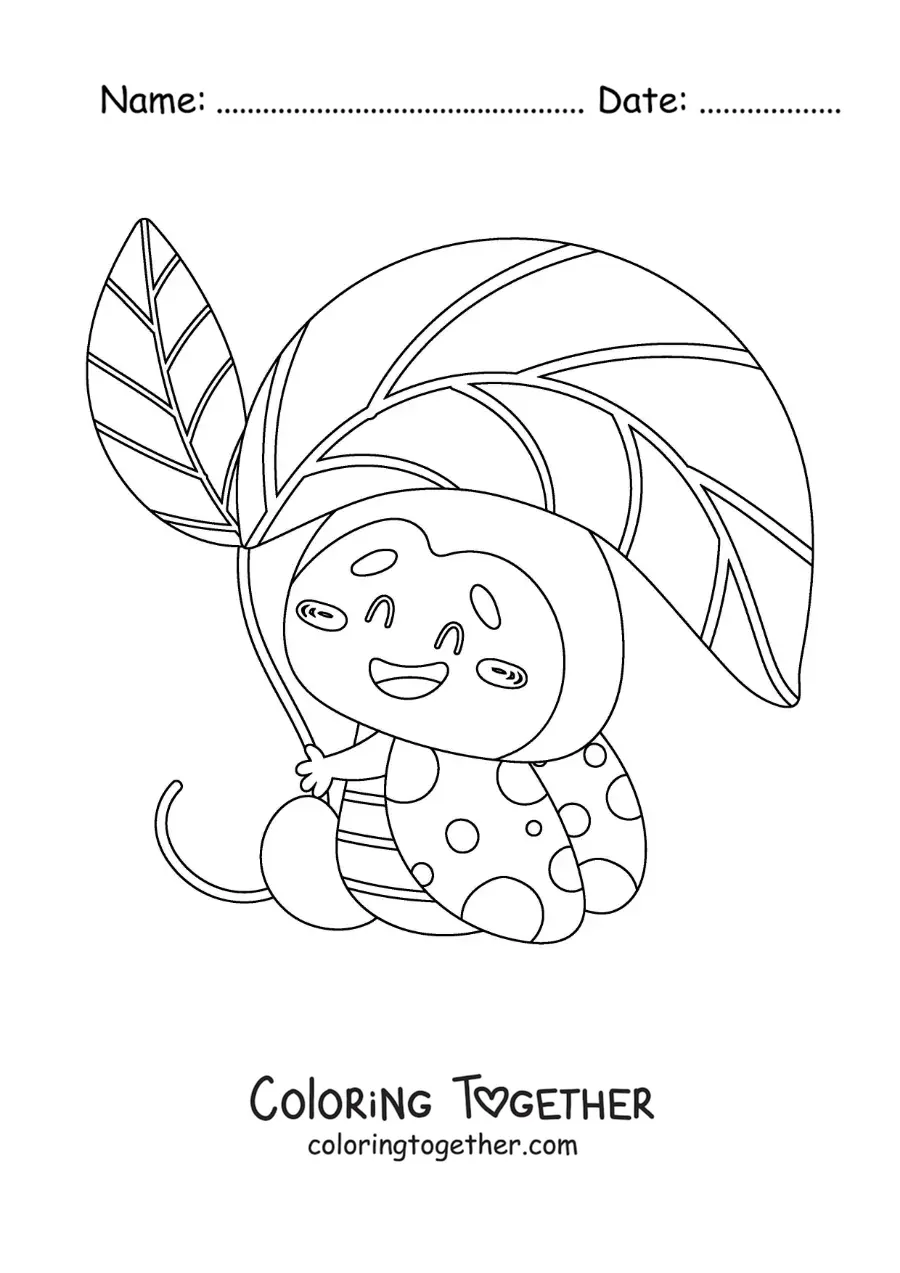 Coloring page of a cartoon ladybug with a leaf