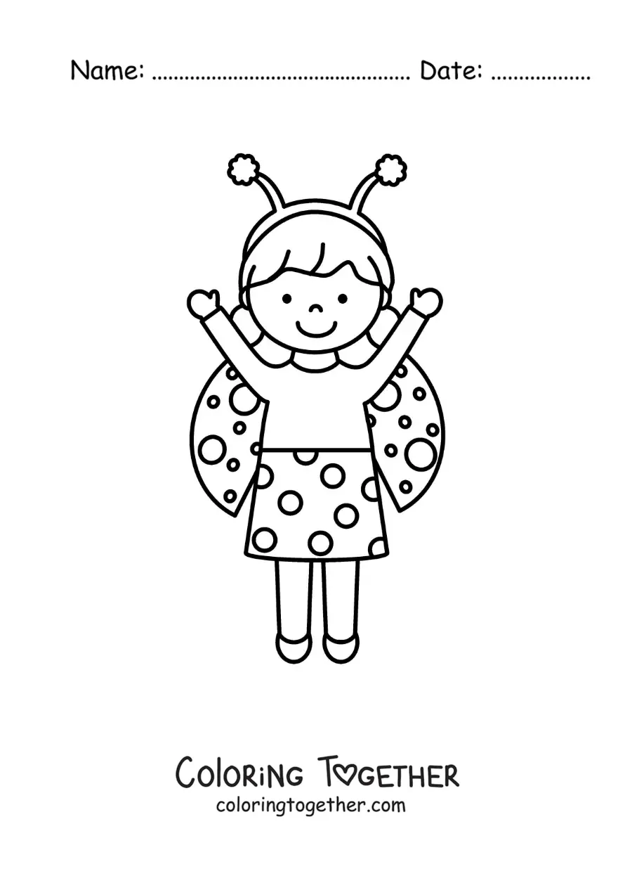 Coloring page of a girl dressed as a ladybug