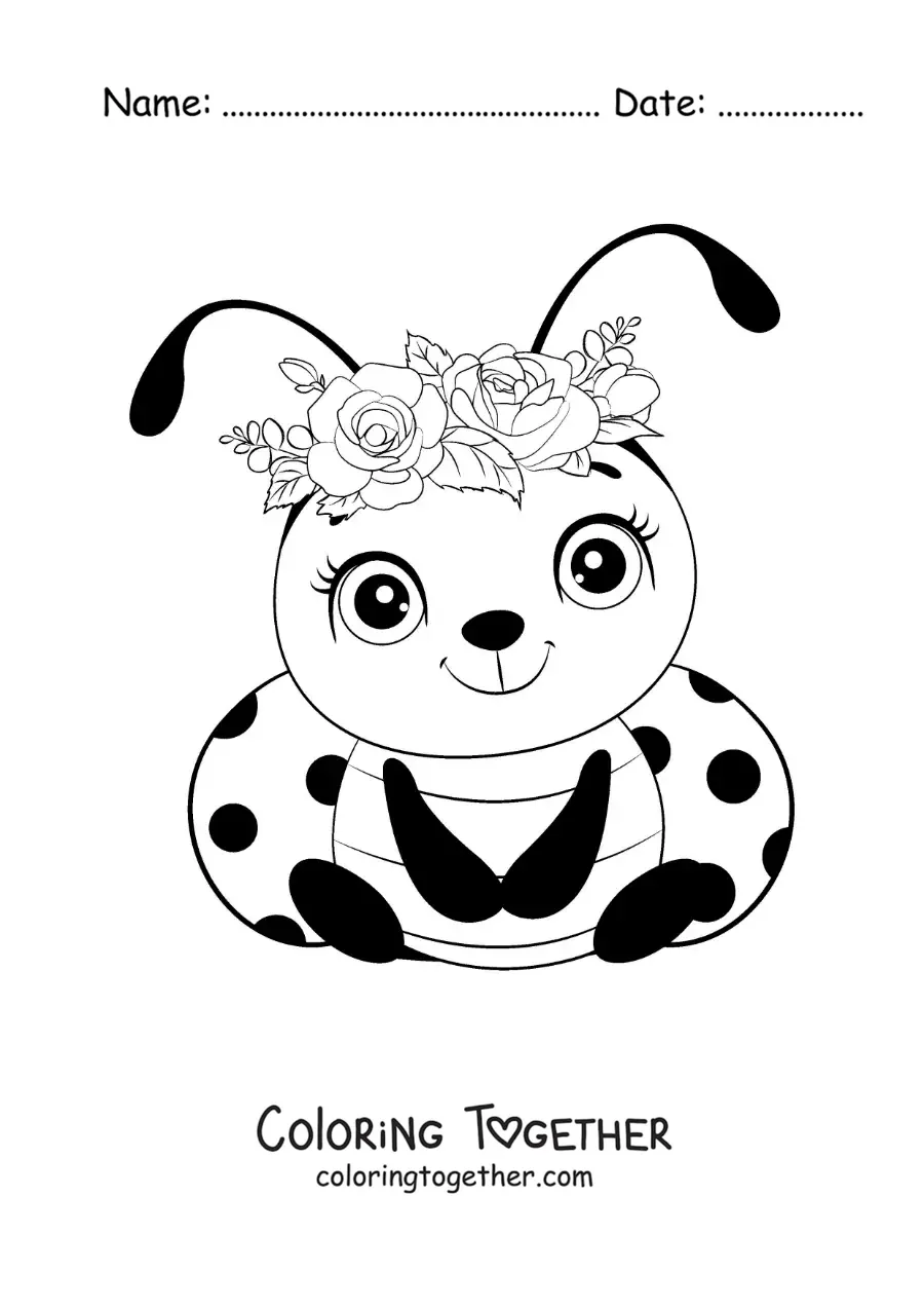 Coloring page of a cute baby ladybug with flowers