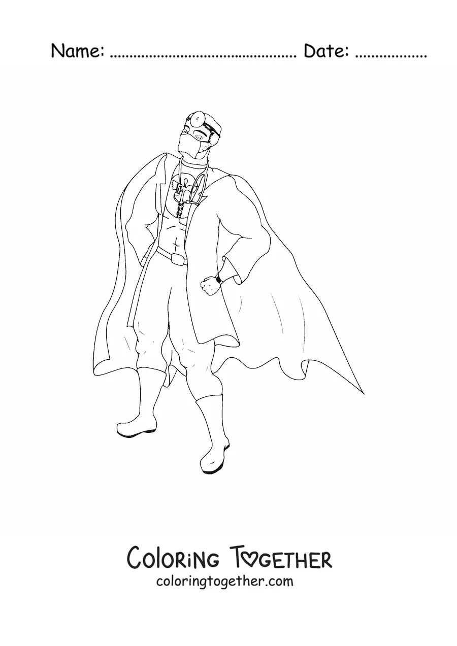 Coloring page of a doctor dressed as a superhero