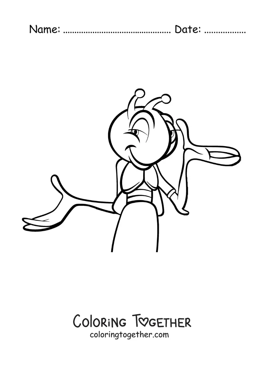 Coloring page of a cartoon cricket in cartoon style