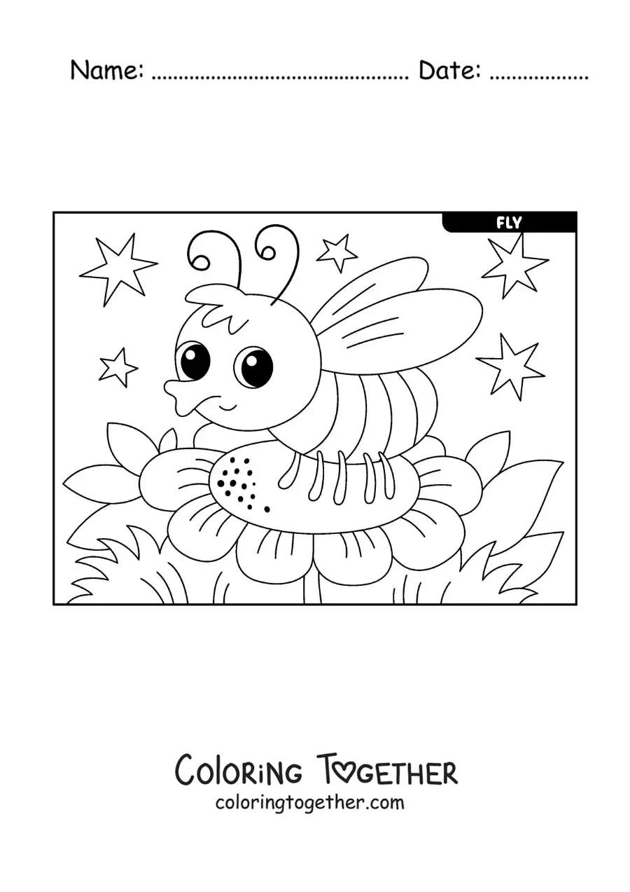 Coloring page of a cartoon housefly on a flower