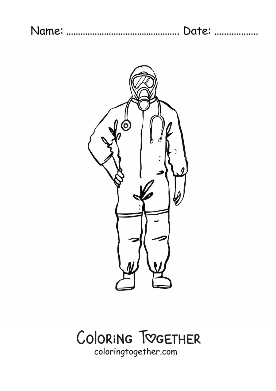 Coloring page of a doctor in a protective suit