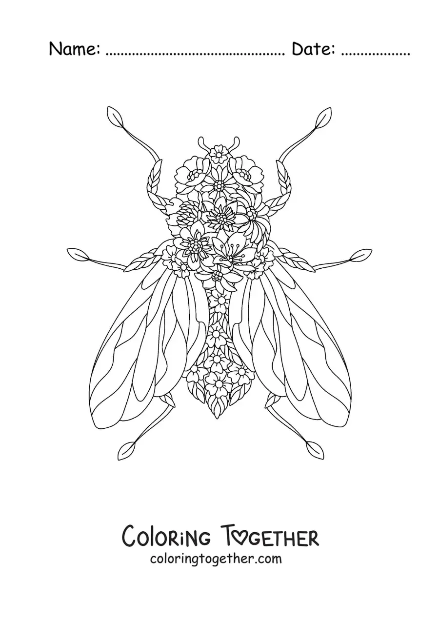 Coloring page of a fly with flowers
