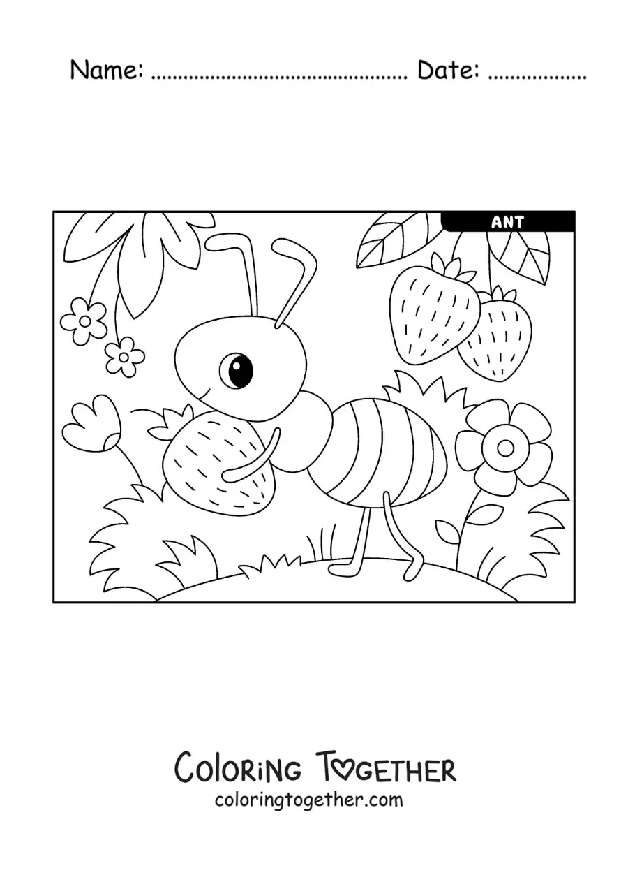 Coloring page of a kawaii ant hard at work gathering strawberries