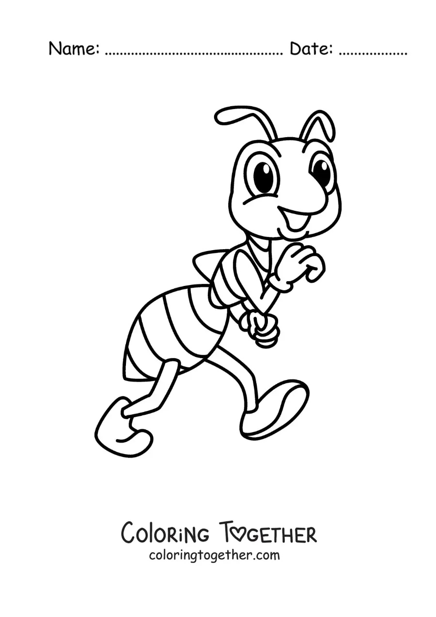 Coloring page of a funny cartoon ant walking
