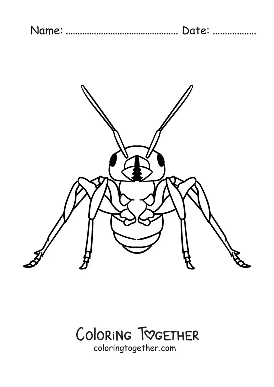 Coloring page of a realistic ant from the front