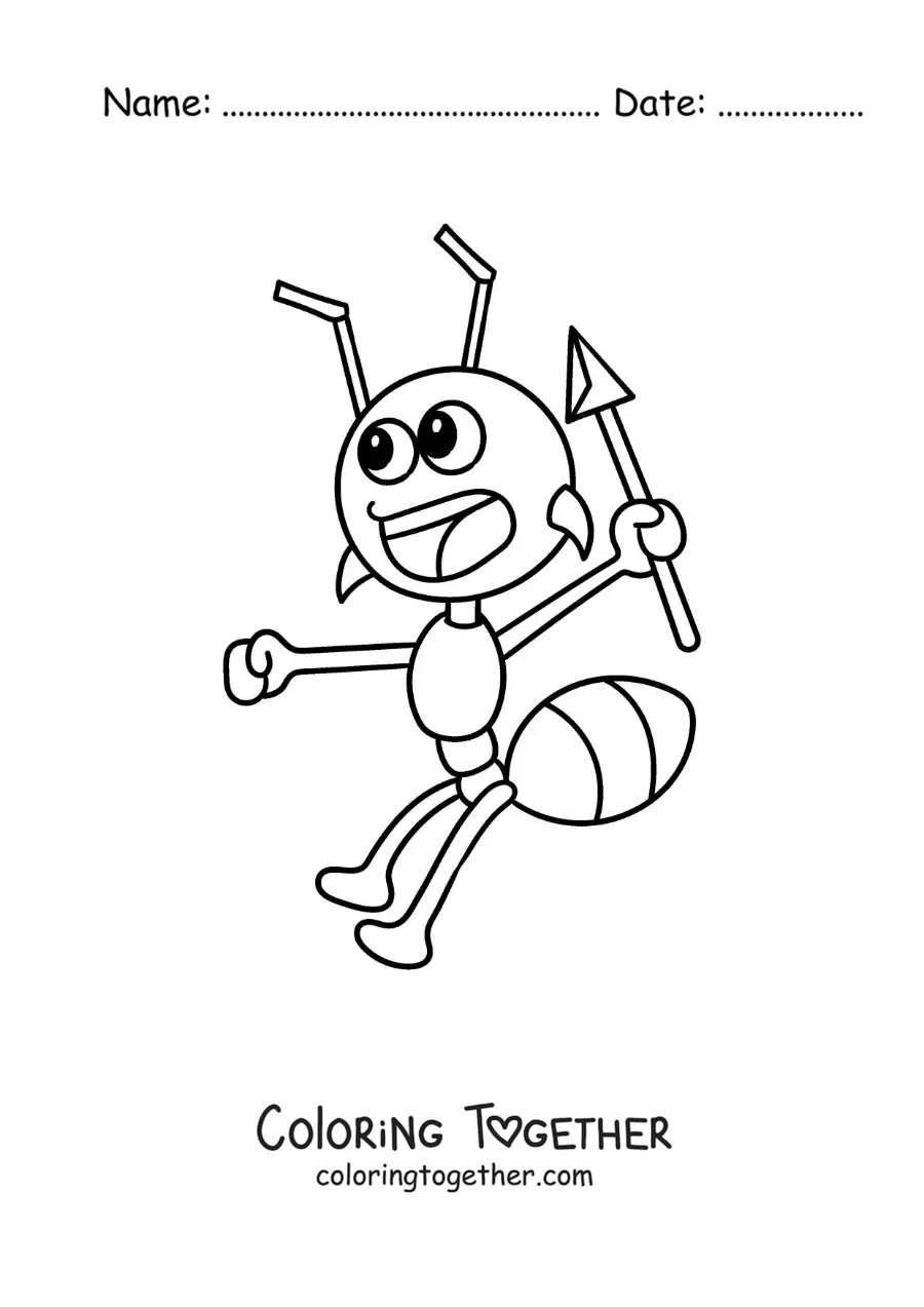 Coloring page of a cartoon warrior ant